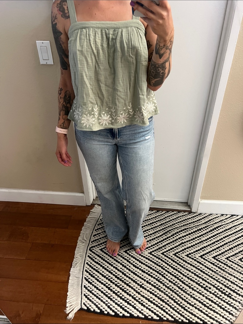 Tie-Shoulder Embroidered Sage Camisole